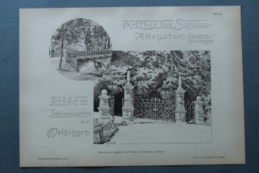 Wood Engraving Architecture Meiningen 1894 Bridge at the palace garden Meiningen